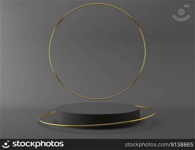 Gray podium with golden rings on the gray background. 3D rendering. Elegant podium for product, cosmetic presentation. Mock up. Pedestal or platform for beauty products. Empty scene. Gray podium with golden rings on the gray background. 3D rendering. Elegant podium for product, cosmetic presentation. Mock up. Pedestal or platform for beauty products. Empty scene.