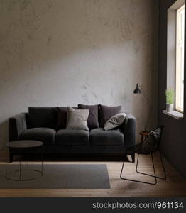 Gray sofa in a dark room the bright light from eternal light, carpet,black table,chair,pillow Interior loft with concrete walls ,3d rendering