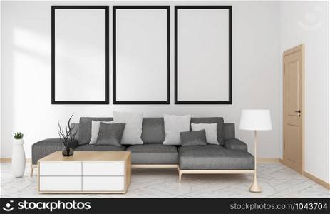 Gray sofa in living room for mock up Japanese modern style, 3D rendering