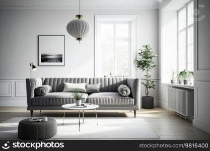 Gray sofa in modern living room interior. Illustration Generative AI