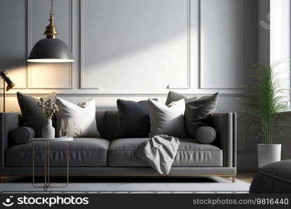 Gray sofa in modern living room interior. Illustration Generative AI