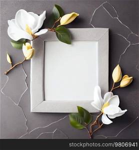 Gray Stone Background with Frame and Magnolia Flower Illustration AI Generative