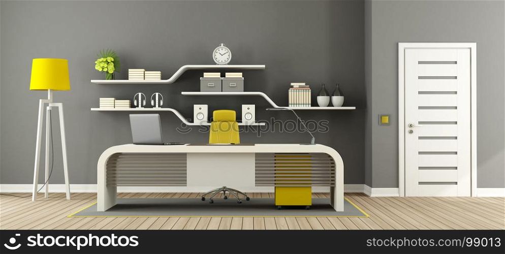 Gray ,white and yellow modern office. Gray ,white and yellow office with modern furniture and closed door - 3d rendering