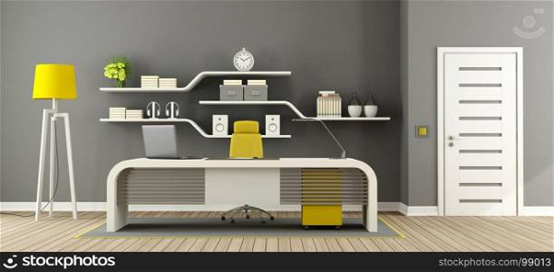Gray ,white and yellow modern office. Gray ,white and yellow office with modern furniture and closed door - 3d rendering