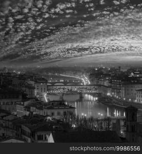 Grayscale. Night Florence City top view  Italy, Tuscany  on Arno river.