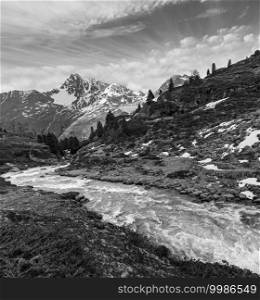 Grayscale. Summer Alps mountain stream on way to Kaunertal Gletscher, Austria, Tirol.