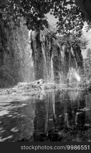 Grayscale. Waterfall reflection in small clear transparent lake  Plitvice Lakes National Park, Croatia .