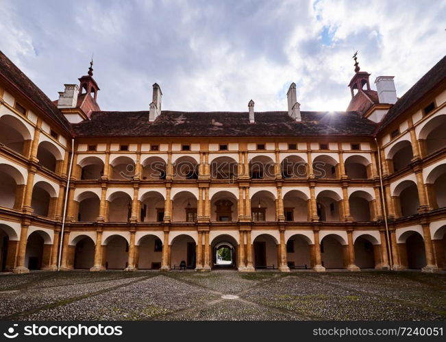 Graz, Austria 02.10.2019: View at Eggenberg palace courtyard tourist spot, famous travel destination in Styria.. View at Eggenberg palace courtyard tourist spot, famous travel destination in Styria.