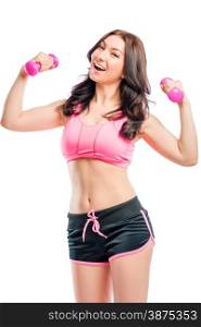 great athlete with pink dumbbells isolated