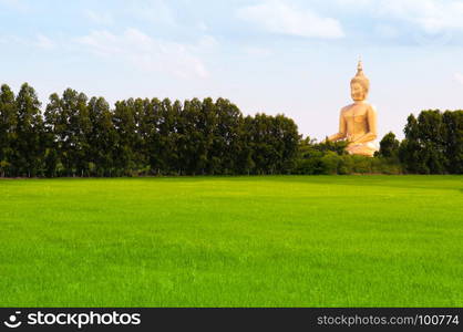 Great Buddha Statue, with rice field in foreground. Ang Thong province, Thailand