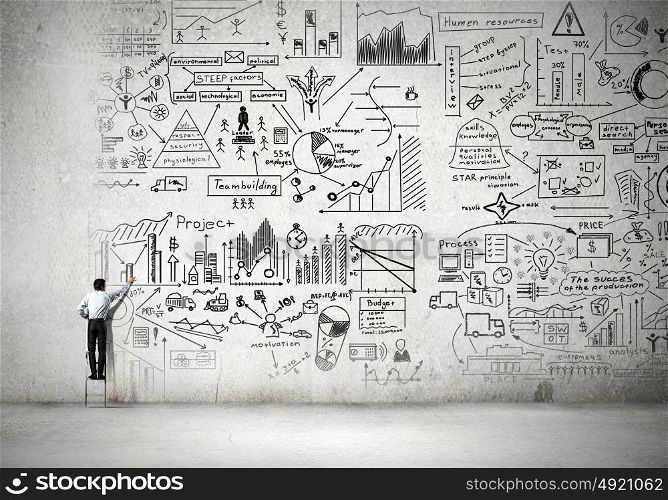 Great business strategy. Back view of businessman standing on ladder and drawing sketch on wall