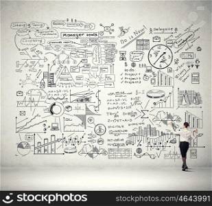 Great business strategy. Back view of businesswoman drawing plan sketch on wall