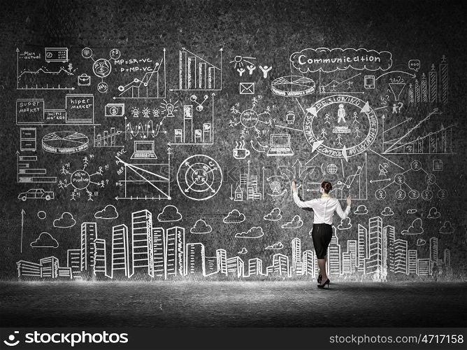 Great business strategy. Back view of businesswoman drawing plan sketch on wall