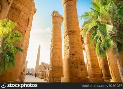 Great columns in Karnak temple at sunrise