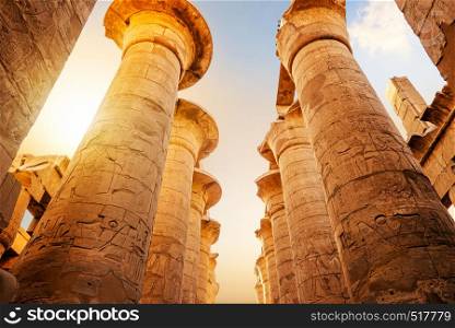 Great columns in Luxor Temple at sunrise