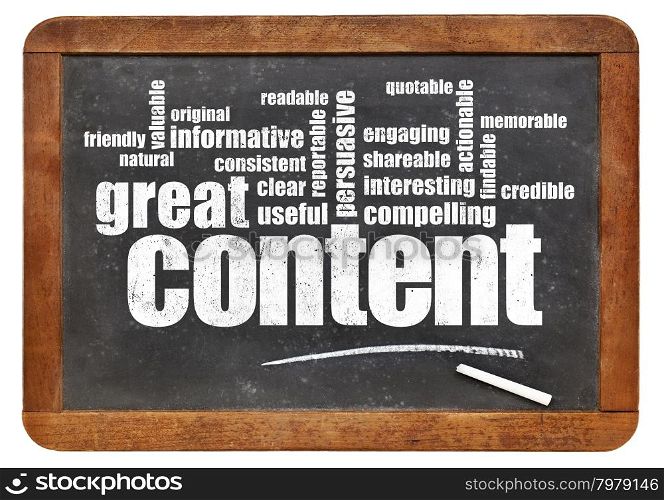 great content word cloud on a vintage blackboard - bloging and content marketing concept