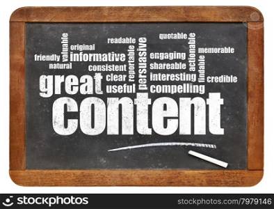 great content word cloud on a vintage blackboard - bloging and content marketing concept