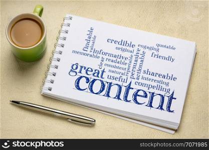 great content writing word cloud in a art sketchbook with a cup of coffee - business writing and content marketing concept