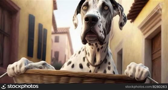 Great Dane dog have fun bicycle ride on sunshine day morning in summer on town street