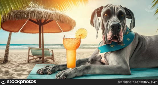 Great Dane dog is on summer vacation at seaside resort and relaxing rest on summer beach of Hawaii