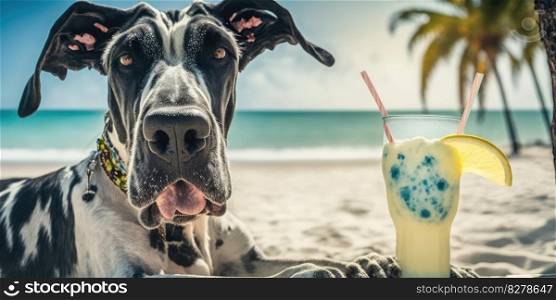 Great Dane dog is on summer vacation at seaside resort and relaxing rest on summer beach of Hawaii