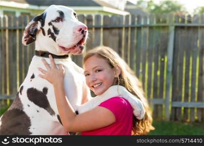 great dane stand up on kid girl shoulders playing together