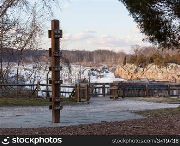 Great Falls on Potomac river outside Washington DC with flood marker pole