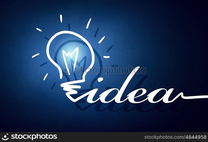 Great idea. Abstract image with drawn light bulb on blue background