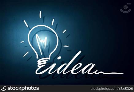 Great idea. Abstract image with drawn light bulb on blue background