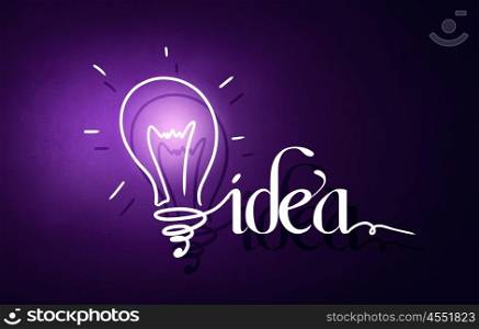 Great idea. Abstract image with drawn light bulb on purple background