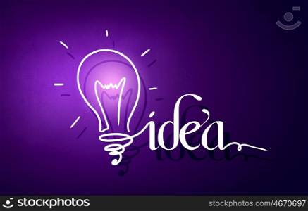 Great idea. Abstract image with drawn light bulb on purple background