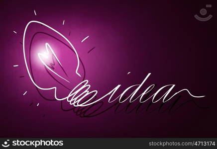 Great idea. Abstract image with drawn light bulb on purple background