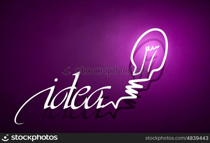 Great idea. Abstract image with drawn light bulb on purple background