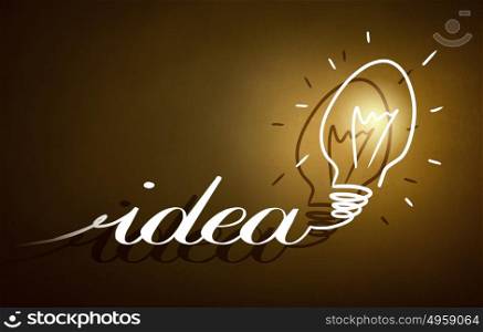 Great idea. Abstract image with drawn light bulb on yellow background