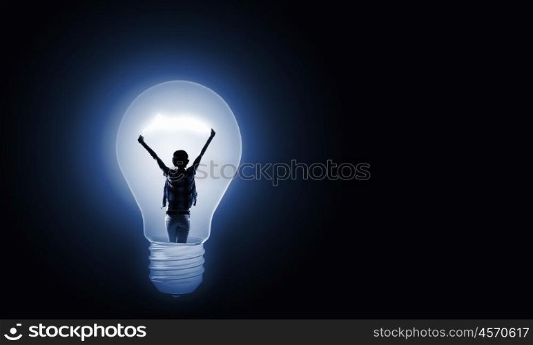 Great idea. Back view of girl inside of light bulb