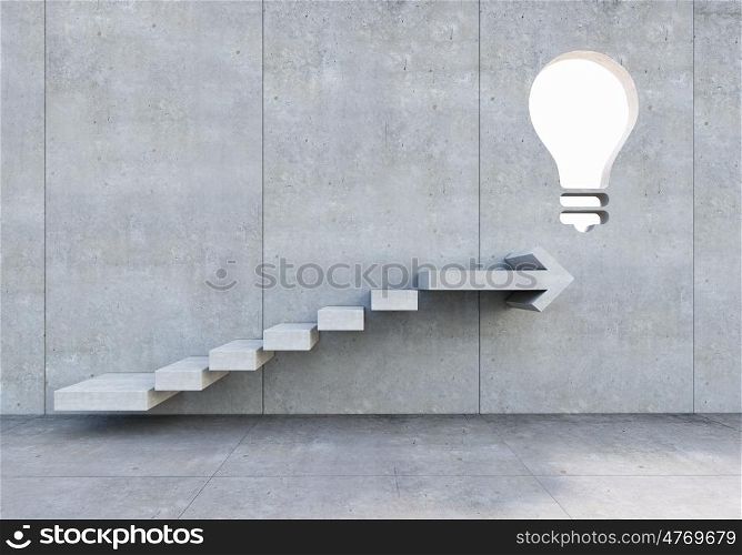 Great idea for growth. Concrete room with graph stair on wall going up to idea symbol