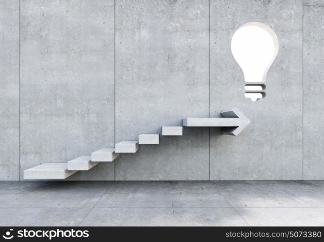 Great idea for growth. Concrete room with graph stair on wall going up to idea symbol