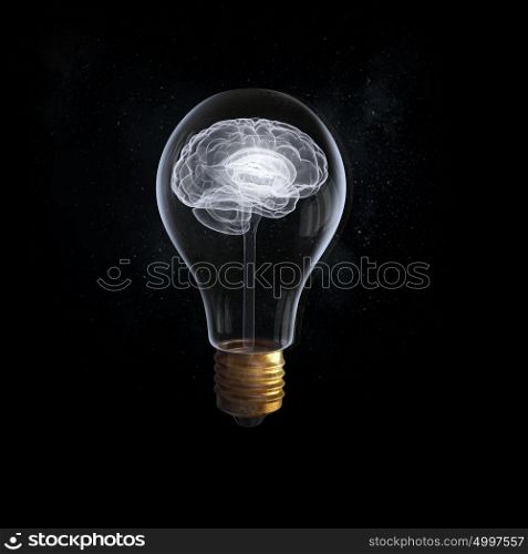 Great idea. Idea concept with brain inside of light bulb on black background