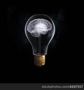 Great idea. Idea concept with brain inside of light bulb on black background