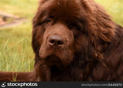 Great look into the sweet face of a newfie dog resting outside.