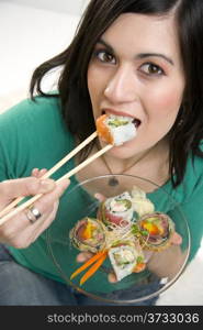 Great Looking Female Eats Sushi Lunch Healthy Eating Raw Food