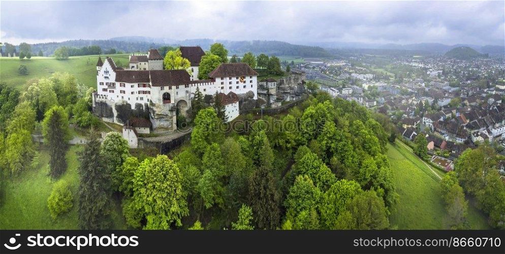 Great medieval historic castles of Switzerland - Lenzburg in the Canton of Aargau, aerial panoramic view
