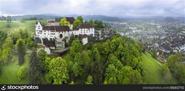 Great medieval historic castles of Switzerland - Lenzburg in the Canton of Aargau, aerial panoramic view
