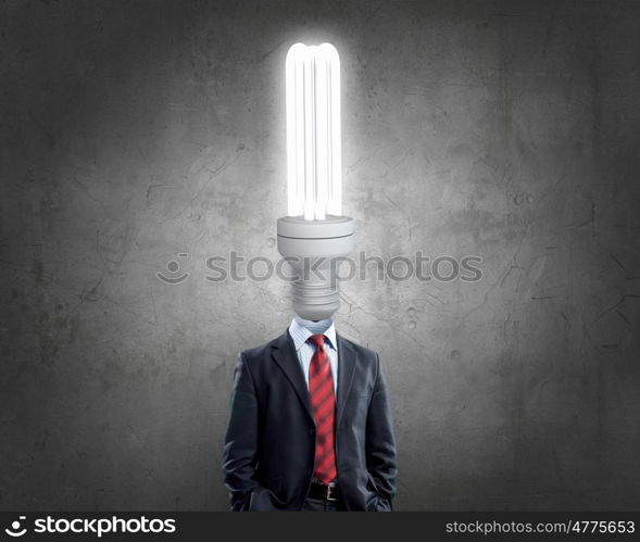 Great mind. Businessman with light bulb instead of head