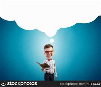 Great mind. Funny big headed man in glasses with book in hands