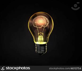 Great mind. Light bulb with human brain inside on dark background