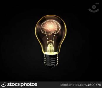 Great mind. Light bulb with human brain inside on dark background