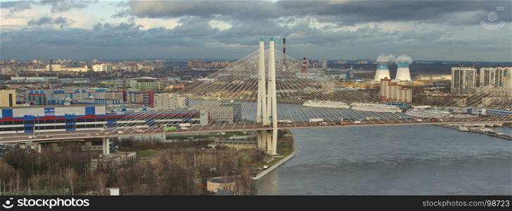 Great Obukhov Bridge in St. Petersburg, panorama aerial view