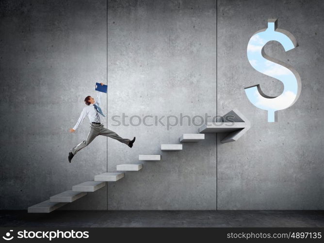 Great plan for financial growth. Businessman running on ladder leading to financial success