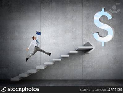 Great plan for financial growth. Businessman running on ladder leading to financial success